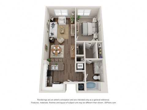 a stylized floor plan of a 1 bedroom floor plan